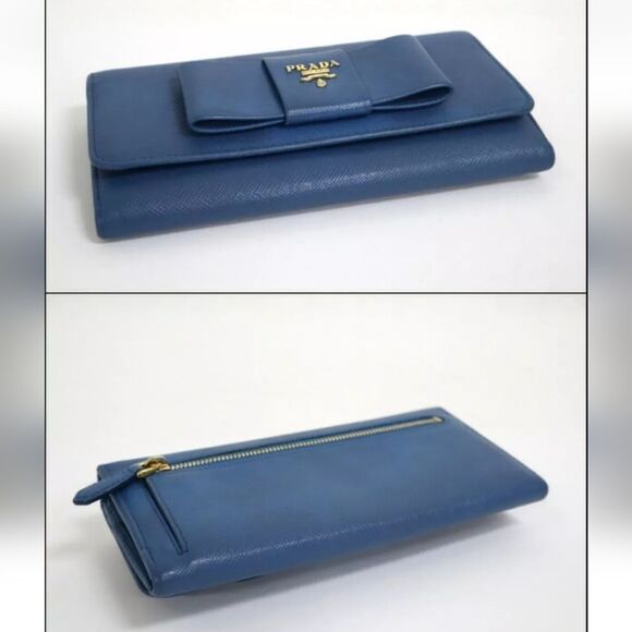 Prada Saffiano Leather Blue Ribbon Gold Long Wallet Guaranteed 100% Authentic - Picture 7 of 8
